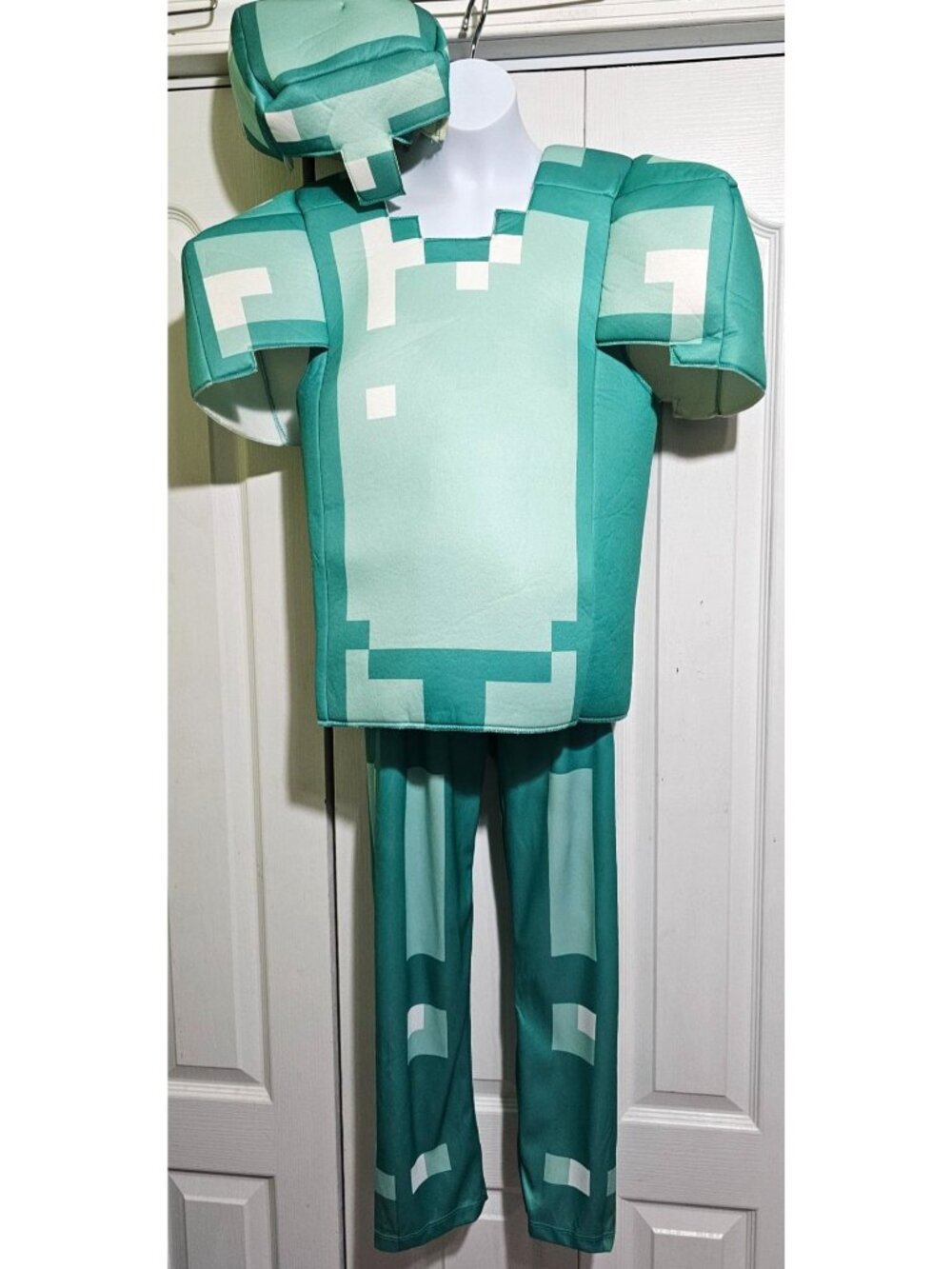 Minecraft Diamond Armor Costume Kids 7-8 Steve Alex Pixel Padded 3D Tunic Hat